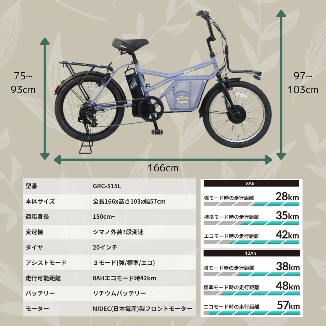 【100%完成納品】PELTECH(ペルテック) GRC-515L 電動アシストeカーゴバイク 20インチ 外装7段 ＊販売証明書付き